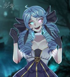 1girl ahoge bare_tree black_bow blue_hair blurry blurry_background blush bow breasts cleavage collarbone commentary dress drill_hair gloves glowing glowing_eyes green_eyes grey_dress gwen_(league_of_legends) hair_bow hands_up highres large_breasts league_of_legends long_hair looking_at_viewer smile solo solyongminam symbol-only_commentary tree twin_drills rating:Sensitive score:11 user:danbooru