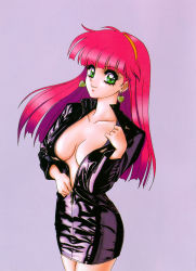  1980s_(style) 1girl breasts cleavage collarbone dress earrings female_focus formal green_eyes hairband heart heart_earrings highres jacket jewelry latex long_hair looking_at_viewer mon_mon oldschool open_clothes open_jacket pencil_skirt pink_hair pvc red_hair retro_artstyle scan shiny_clothes skirt smile solo suit undressing vinyl zipper  rating:Questionable score:26 user:danbooru
