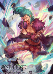  1boy bartolomeo boots checkered_pants coat commentary_request copyright_name crossed_arms crossed_fingers debris floating_clothes fur-trimmed_coat fur_trim green_hair looking_at_viewer male_focus mohawk nijimaarc nose_piercing nose_ring official_art one_piece piercing purple_coat sidelocks solo tongue tongue_out 