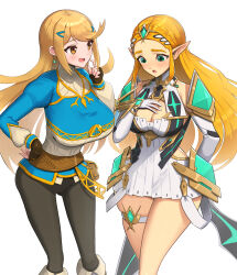  2girls absurdres armor black_pantyhose blonde_hair blue_shirt blush braid breasts cleavage_cutout clothing_cutout commentary_request cosplay costume_switch crossover crown_braid dress drop_earrings earrings gonzarez green_eyes hair_ornament hairclip highres jewelry large_breasts long_hair long_sleeves multiple_girls mythra_(xenoblade) nintendo open_mouth pantyhose pointy_ears princess_zelda scratching_cheek shirt short_dress shoulder_armor swept_bangs the_legend_of_zelda the_legend_of_zelda:_breath_of_the_wild thigh_strap tiara white_background white_dress xenoblade_chronicles_(series) xenoblade_chronicles_2 yellow_eyes  rating:Sensitive score:33 user:akenatorx