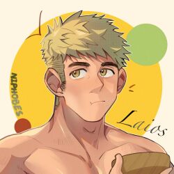  1boy :t artist_name blonde_hair bowl brown_eyes chewing closed_mouth dungeon_meshi food food_on_face hand_up highres holding holding_bowl laios_touden looking_at_viewer male_focus niphobes short_hair solo toned toned_male undercut upper_body very_short_hair yellow_background 