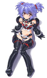  10s 1girl altines arm_support bad_id bad_pixiv_id black_thighhighs blue_hair blush busou_shinki dd_(ijigendd) doll_joints elbow_gloves from_above gloves joints looking_at_viewer midriff navel red_eyes short_twintails simple_background sitting smile solo thighhighs twintails white_background  rating:Sensitive score:17 user:danbooru