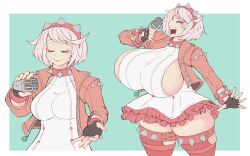  1girl absurdres ahoge black_gloves bracelet breast_expansion breasts closed_eyes collar dress elphelt_valentine frilled_dress frills gloves guilty_gear guilty_gear_strive hairband highres holding holding_microphone huge_breasts implied_transformation jacket jewelry kittenboogers large_breasts long_sleeves microphone open_mouth paper pink_dress pink_footwear pink_hairband pink_jacket screaming short_hair shorts sideboob smile spiked_bracelet spiked_collar spiked_hairband spikes standing thick_thighs thighhighs thighs white_dress white_hair 