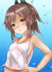  1girl air_bubble bare_arms bare_shoulders blue_background blush breasts brown_eyes brown_hair brown_sailor_collar bubble commentary_request dakkusu hand_on_own_hip highres horns i-401_(kancolle) kantai_collection looking_at_viewer parted_lips ponytail sailor_collar shirt signature sleeveless sleeveless_shirt small_breasts solo underwater upper_body white_shirt 