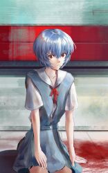  1girl absurdres ayanami_rei black_socks blood_on_ground blue_hair blue_skirt closed_mouth collarbone collared_shirt commentary dress_shirt english_commentary expressionless hand_on_lap highres indoors kneeling neon_genesis_evangelion on_ground red_eyes school_uniform seventbs shirt short_hair short_sleeves skirt socks solo suspender_skirt suspenders tokyo-3_middle_school_uniform white_shirt  rating:General score:5 user:danbooru