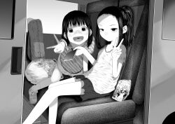  2girls absurdres backpack bag bag_of_chips blush cellphone child female_focus greyscale highres looking_at_viewer medium_hair monochrome motor_vehicle multiple_girls open_mouth original phone ponytail shirt shoes short_bangs sitting skirt smartphone tearontaron teeth upper_teeth_only v van vehicle_interior 