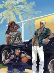  1girl 2boys absurdres animal_print basket black_hair blue_shirt brown_hair camouflage camouflage_pants car chain clenched_hands crop_top dark-skinned_female dark-skinned_male dark_skin diamond_wa_kudakenai durag ermes_costello gold_chain grin guido_mista h_ikusaa hat highres house jojo_no_kimyou_na_bouken long_hair looking_at_viewer motor_vehicle multiple_boys nijimura_okuyasu outdoors palm_tree pants partially_unbuttoned pompadour shirt shoes short_sleeves smile sneakers squatting stone_ocean tree white_pants 