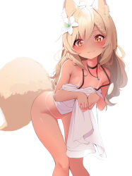 1girl absurdres ahoge animal_ear_fluff animal_ears bare_shoulders blush bottomless braid brown_eyes brown_hair camisole chocpocalypse collarbone commission female_focus flat_chest flower fox_ears fox_girl fox_tail hair_flower hair_ornament highres leaning_forward loli long_hair looking_at_viewer original simple_background smile solo tail tan tanline thigh_gap thighs white_background white_camisole rating:Questionable score:146 user:danbooru