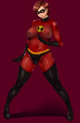  1girl bodysuit boots breasts brown_eyes brown_hair covered_erect_nipples domino_mask elastigirl elbow_gloves ganto gloves helen_parr large_breasts latex latex_gloves looking_at_viewer mask mature_female nipples no_bra see-through short_hair simple_background skin_tight solo spread_legs the_incredibles thigh_boots thighhighs  rating:Questionable score:113 user:danbooru