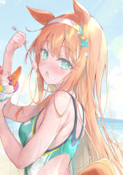  1girl animal_ears arm_up blush breasts food food_on_face green_eyes green_one-piece_swimsuit hair_ornament hairband hand_up holding holding_spoon horizon horse_ears ice_cream ice_cream_spoon long_hair looking_at_viewer looking_to_the_side one-piece_swimsuit open_mouth orange_hair outdoors pulp_piroshi silence_suzuka_(umamusume) small_breasts solo spoon sundae swimsuit umamusume wet 