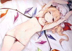 1girl absurdres armpits arms_up bare_arms bare_shoulders bed blonde_hair blush bra chain collarbone cowboy_shot crying crystal cuffs flandre_scarlet flat_chest gluteal_fold groin hat hat_ribbon highres ke-ta loli long_hair looking_at_viewer lying mob_cap navel on_back one_eye_closed one_side_up panties panty_pull red_bra red_eyes red_panties red_ribbon restrained ribbon scan shackles shadow solo stomach tears thighs touhou underwear underwear_only white_hat wings rating:Questionable score:63 user:danbooru