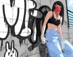  1girl against_wall alternate_costume baggy_pants bandana bandana_over_mouth black_hair black_sports_bra blue_footwear blue_pants blue_sky blunt_bangs breasts can cleavage cloud commentary_request concrete converse covered_mouth day denim foot_against_wall foot_out_of_frame gloves graffiti hair_ornament hairclip highres holding holding_can jeans konnyaroumaru long_hair looking_at_viewer medium_breasts midriff navel nijisanji pants purple_eyes red_bandana shoes sky sneakers solo sports_bra spray_paint standing standing_on_one_leg tsukino_mito virtual_youtuber white_gloves work_gloves 