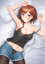 1girl armpits arms_up bare_arms bed bed_sheet black_pantyhose blue_shorts blush breasts cleavage collarbone from_above highres higuchi_madoka idolmaster idolmaster_shiny_colors indoors pantyhose_under_shorts looking_at_viewer lying medium_breasts navel on_back on_bed open_fly panties panties_under_pantyhose pantyhose pillow purple_eyes red_hair short_hair short_shorts shorts shougun_(chuckni1) sleeveless solo strap_slip tank_top unbuttoned underwear rating:Sensitive score:103 user:danbooru