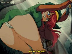 1girl ass bent_over blue_eyes bluethebone blush clenched_teeth commentary english_commentary genderswap genderswap_(mtf) link link_(shounen_captain) long_hair nintendo nose_blush panties planted planted_sword planted_weapon red_hair retro_artstyle solo struggling subtitled sweat sword teeth the_legend_of_zelda thighs trembling underwear v-shaped_eyebrows weapon white_panties rating:Sensitive score:151 user:danbooru