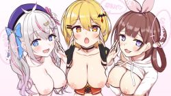  3girls ayamy_(vtuber) blonde_hair breasts breasts_out brown_hair fuji_yoshida gloves grey_hair heart heart-shaped_pupils hololive indie_virtual_youtuber looking_at_viewer multiple_girls nipples ribbon symbol-shaped_pupils virtual_youtuber yasou_toiki yozora_mel  rating:Explicit score:55 user:LunyDR