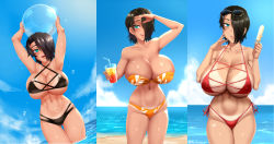  1girl :d aqua_eyes armpits arms_up artist_name ball bare_shoulders beach beachball bikini bikini_tan black_bikini black_hair blue_sky blurry blush breasts bursting_breasts cleavage cloud cloudy_sky collarbone covered_erect_nipples cowboy_shot cup curvy day depth_of_field disposable_cup drink drinking_straw dutch_angle eyes_visible_through_hair eyewear_on_head facing_viewer feet_out_of_frame female_focus food food_on_body food_on_breasts gluteal_fold hair_over_one_eye hand_on_own_cheek hand_on_own_face heart heart_tan highres holding holding_cup holding_food hourglass huge_breasts legs_together licking_lips looking_at_viewer melting micro_bikini micro_bikini_top mouth_visible_through_hair multiple_views narrow_waist navel nipples one_eye_covered open_mouth orange_bikini original out_of_frame outdoors popsicle puffy_nipples red_bikini saya_(twrlare) shiny_clothes shiny_skin short_hair side-tie_bikini_bottom side-tie_swimsuit signature skindentation sky smile sparkle sparkle_background splashing split_image standing strap_gap strapless strapless_bikini strapless_top sun_tattoo sunburn sunglasses sunglasses_on_head sunlight swimsuit tan tan_tattoo tanline teeth thigh_gap tongue tongue_out twrlare underboob underbust upper_teeth_only wading water water_drop wet wide_hips 