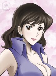  1girl absurdres bare_shoulders blush breasts brown_eyes brown_hair cleavage closed_mouth collarbone earrings highres jewelry large_breasts lipstick long_hair looking_at_viewer lupin_iii makeup medium_hair mine_fujiko painting_(medium) pink_background portrait purple_shirt remyfive shirt sleeveless sleeveless_shirt solo traditional_media watercolor_(medium) watermark wavy_hair  rating:Sensitive score:3 user:BambooForestBunny