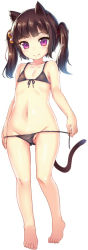 1girl animal_ears bad_id bad_pixiv_id barefoot bikini blush brown_hair cat_ears cat_tail covered_erect_nipples flat_chest front-tie_top full_body hair_bobbles hair_ornament loli looking_at_viewer mokyu_(kukoudesu) nipples partially_visible_vulva purple_eyes pussy see-through side-tie_bikini_bottom simple_background smile solo standing swimsuit tail twintails untied_bikini white_background rating:Explicit score:63 user:danbooru