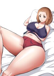 1girl bed breasts brown_eyes brown_hair collarbone huge_breasts kaii_to_otome_to_kamikakushi large_breasts looking_at_viewer lying madsdross mole mole_under_eye mysterious_disappearances ogawa_sumireko on_back short_eyebrows short_shorts shorts sidelocks solo thick_thighs thighhighs thighs white_background