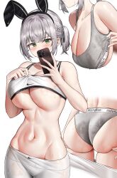  1girl absurdres animal_ears ass blush breasts cellphone clothes_pull clothes_writing fake_animal_ears green_eyes grey_hair hanging_breasts highres holding holding_phone hololive kuse_(0201) large_breasts multiple_views navel nike_(company) pants pants_pull phone rabbit_ears selfie shirogane_noel short_ponytail smartphone sports_bra stomach sweat underboob virtual_youtuber white_pants yoga_pants  rating:Questionable score:152 user:danbooru