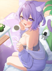  1girl absurdres animal_ear_fluff animal_ears black_camisole blush breasts camisole cat_ears cat_girl cat_tail cleavage coffee_cup cup disposable_cup fang food hakumai_(5fc) highres hololive jacket large_breasts looking_at_viewer mimikaki nekomata_okayu nekomata_okayu_(membership) official_alternate_costume onigiri open_mouth purple_eyes purple_hair purple_jacket skin_fang smile tail two_side_up virtual_youtuber 