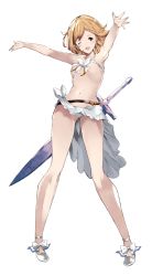 10s 1girl ;d akiha_(attract) armpits arms_up bad_id bad_pixiv_id bare_legs belt belt_bra blush bow breasts brown_eyes collarbone djeeta_(granblue_fantasy) full_body granblue_fantasy holding holding_behind_back navel official_style one_eye_closed open_mouth orange_hair outstretched_arms sarong shoes simple_background small_breasts smile solo standing stomach sword thighs underboob weapon white_background white_bow white_footwear rating:Sensitive score:16 user:danbooru