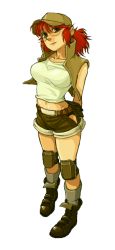 1girl brown_eyes fio_germi glasses hat looking_at_viewer metal_slug midriff official_art ponytail red_hair shorts snk solo rating:Sensitive score:25 user:jojosstand
