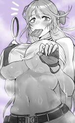  1girl absurdres belt bladeless_fan blush bow braid breasts clothes_pull cropped_shirt fingerless_gloves folkwang_(nikke) food food_in_mouth fukamichi_ran&#039;ou gloves goddess_of_victory:_nikke greyscale hair_bow highres huge_breasts long_hair looking_at_viewer monochrome mouth_hold navel no_bra popsicle popsicle_in_mouth purple_background shirt sidelocks simple_background sleeveless sleeveless_shirt solo sweat underboob 