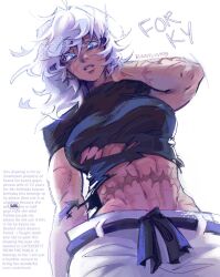  1girl abs artist_name belt black_belt black_shirt breasts bunnyluvr commentary english_commentary english_text facial_scar from_below genderswap genderswap_(mtf) gift_art gojou_satoru groin hand_on_own_neck highres jujutsu_kaisen looking_at_viewer looking_down medium_hair messy_hair midriff multiple_scars navel outside_border pants parted_lips scar scar_on_arm scar_on_cheek scar_on_face scar_on_stomach shirt short_sleeves simple_background solo stomach teeth torn_clothes underboob wavy_hair white_background white_hair white_pants 