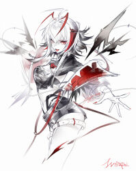  1girl antenna_hair arknights breasts character_name character_signature cowboy_shot demon_girl demon_horns demon_tail gradient_hair greyscale highres horns kistina long_sleeves looking_at_viewer medium_breasts midriff monochrome multicolored_hair open_mouth red_eyes short_hair_with_long_locks short_shorts shorts shrug_(clothing) sidelocks sketch solo spot_color star-shaped_pupils star_(symbol) symbol-shaped_pupils tail teeth thigh_strap tongue upper_teeth_only w_(arknights) wis&#039;adel_(arknights) 