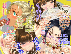 :&gt;= ahegao aqua_eyes bent_over black_hair blonde_hair blunt_bangs blush body_blush bowl brown_hair cum cum_in_container cum_in_mouth cum_on_body cum_on_food cum_on_upper_body cumdrip dokiyuri drinking glasses gokkun hair_ornament happy holding holding_bowl long_hair multiple_girls open_mouth pink_eyes short_hair sweat swimsuit tongue tongue_out translated rating:Explicit score:168 user:goldroger02