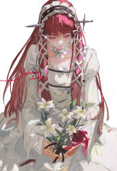 1girl blunt_bangs closed_mouth collar collarbone cowboy_shot detached_collar dress flower frilled_collar frilled_hairband frills hair_ornament hair_ribbon hairband highres holding holding_flower long_hair long_sleeves ooc_(sylyaoh) persona persona_3 red_hair ribbon sidelocks solo very_long_hair white_background white_dress white_flower white_hairband white_ribbon yellow_eyes yoshino_chidori 