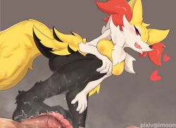  1boy 1girl animal_ear_fluff animal_ears animal_feet animal_nose artist_name black_fur blush body_fur braixen breasts creatures_(company) cum cum_on_body cum_on_feet cum_on_legs cum_on_penis cumdrip fang footjob fox_ears fox_girl fox_tail from_below furry furry_female furry_with_non-furry game_freak gen_6_pokemon grey_background hand_on_own_knee hand_on_own_leg heart imoon interspecies medium_breasts multicolored_fur neck_fur nintendo open_mouth pawpads penis pixiv_username pokemon pokemon_(creature) pokephilia simple_background smile snout solo_focus tail trembling uncensored white_fur yellow_fur 