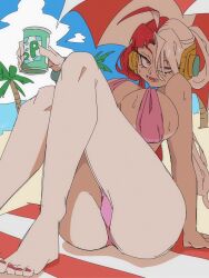  1girl ahoge arm_support beach bikini blue_sky breasts cloud day drink female_focus foot_out_of_frame half-closed_eye head_tilt highres holding holding_drink kanikanipan3740 large_breasts legs looking_at_viewer lower_teeth_only multicolored_hair nail_polish one_piece outdoors palm_tree panties pantyshot pink_bikini purple_eyes red_hair red_nails shadow sky solo sweat swimsuit tagme teeth thick_thighs thighs toenails tree tsurime two-tone_hair umbrella underwear uta_(one_piece) white_hair  rating:Sensitive score:22 user:r0tan1