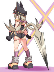  1girl animal_hat ass black_gloves black_hair black_hat black_shirt black_shorts cat_girl cat_hat cat_tail clenched_hands cougar_(cougar1404) cropped_shirt facing_away from_behind gloves gradient_hair grey_hair grey_socks hair_ribbon hat huge_weapon key_(cougar1404) kneepits long_hair low_twintails micro_shorts multicolored_hair orange_footwear orange_scarf orange_shirt original prototype_design purple_ribbon ribbed_shirt ribbon scarf shirt shoes shorts sleeveless sleeveless_shirt socks solo standing suspender_shorts suspenders sword tail thigh_strap twintails weapon yellow_eyes 