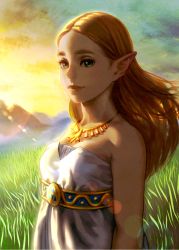  1girl arm_at_side bad_id bad_pixiv_id bare_arms bare_shoulders blonde_hair breasts dress elf eyelashes field from_side grass green_eyes highres jewelry lens_flare lips lipstick long_hair looking_at_viewer makeup mountain neck necklace nintendo outdoors pink_lips pointy_ears princess_zelda shade sky small_breasts smile solo straight_hair strapless strapless_dress sunset the_legend_of_zelda the_legend_of_zelda:_breath_of_the_wild thick_eyebrows triforce ug_(ugg) upper_body white_dress 