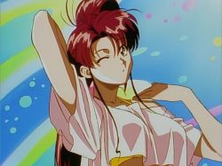  1990s_(style) arm_up brown_hair colorful idol_boueitai_hummingbird idol_bouetai_hummingbird one_eye_closed retro_artstyle screencap side_ponytail wink  rating:Sensitive score:13 user:Tito-san