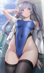  1girl absurdres arm_up black_garter_straps black_thighhighs blue_one-piece_swimsuit blue_sky blush breasts chain-link_fence closed_mouth cloud cloudy_sky collarbone commentary_request competition_swimsuit covered_navel cowboy_shot day fence from_below garter_straps gentsuki grey_eyes grey_hair groin highleg highleg_swimsuit highres kimi_omou_koi kuroe_(kimi_omou_koi) long_hair looking_to_the_side medium_breasts one-piece_swimsuit open_clothes open_shirt shirt single_bare_shoulder single_off_shoulder sky solo super_highleg swimsuit thighhighs twintails white_shirt 