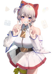  1girl absurdres ahoge aogiri_koukou bandaid bandaid_on_face bare_shoulders braid braided_bun breasts collared_dress double_bun double_v dress grin hair_bun hat highres jacket large_breasts leg_ribbon long_sleeves looking_at_viewer mikan_(chipstar182) one_side_up ooshiro_mashiro purple_eyes red_hat ribbon smile solo thigh_ribbon v virtual_youtuber white_dress white_hair white_jacket yellow_ribbon  rating:Questionable score:3 user:danbooru