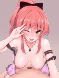 1boy 1girl :d arm_garter bad_id bad_pixiv_id blush bow breasts breasts_apart breasts_out censored commentary_request full-face_blush girl_on_top hair_bow hanging_breasts heart heart_necklace hetero idolmaster idolmaster_cinderella_girls jougasaki_mika lingerie long_hair looking_at_viewer mosaic_censoring navel necklace nipples off_shoulder one_eye_closed open_clothes open_mouth penis pink_hair pov pov_crotch salute sex smile solo_focus straddling taitoukoushi two-finger_salute underwear vaginal yellow_eyes rating:Explicit score:24 user:danbooru