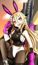  1girl armlet armpits assault_rifle black_jacket blurry blurry_background boots breasts brown_dust_2 brown_thighhighs cropped_jacket feet_out_of_frame gloves gun gun_on_back hair_between_eyes hair_ornament hand_in_own_hair hane0405 highres jacket knee_up leotard liatris_(brown_dust) looking_at_viewer open_mouth orange_eyes pink_gloves rifle sideboob sitting skull_hair_ornament smile solo teeth thighhighs upper_teeth_only weapon weapon_on_back white_footwear white_leotard 