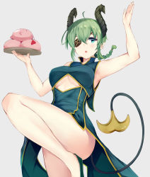 1girl nanashi_inc. ahoge alternate_costume arm_up armpits bare_arms bare_legs bare_shoulders braid breasts chestnut_mouth china_dress chinese_clothes clothing_cutout commentary_request cowboy_shot demon_girl demon_horns demon_tail dress eyepatch flats floating_hair green_dress green_eyes green_footwear green_hair grey_background hand_up highres holding holding_tray honey_strap horns irohara knee_up long_hair looking_at_viewer medium_breasts parted_lips pelvic_curtain pointy_ears sekishiro_mico sidelocks simple_background single_braid sleeveless sleeveless_dress solo standing standing_on_one_leg tail thighs tray underboob underboob_cutout virtual_youtuber rating:Sensitive score:7 user:danbooru