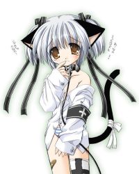 1girl animal_ears armband bandaid black_ribbon brown_eyes cat_ears cat_tail collar cowboy_shot cross_print dress_shirt finger_to_mouth goth_fashion hair_ribbon leash long_sleeves looking_at_viewer nekoneko no_pants off_shoulder panties ribbon safety_pin shirt silver_hair single_thighhigh sleeves_past_wrists solo striped_clothes striped_panties tail tail_ornament tail_ribbon tareme tears thighhighs two_side_up underwear white_background white_shirt rating:Questionable score:4 user:danbooru