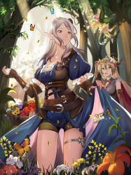 2girls :d ahoge apple arisa_(shadowverse) basket belt blue_eyes breasts brown_eyes brown_gloves brown_hair bug butterfly character_request cleavage fairy fingerless_gloves flower food forest fruit gloves head_wreath highres insect large_breasts long_hair medium_breasts multiple_girls nature navel open_mouth pointy_ears rosalia shadowverse shorts silver_hair skirt_hold smile standing sunlight thigh_strap tree  rating:Sensitive score:7 user:danbooru