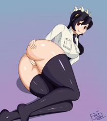 1girl :p absurdres ass ass_grab black_hair black_legwear breasts female_focus fibilis filia_(skullgirls) hand_on_own_hip highres hip_focus huge_ass large_breasts long_hair lying necktie no_panties pussy red_eyes skullgirls solo thick_thighs thighs tongue tongue_out uncensored wide_hips rating:Explicit score:54 user:perv-super