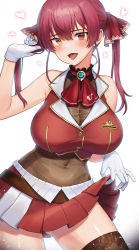  1girl ascot bare_arms bare_shoulders black_thighhighs blush breasts cleavage clothes_lift contrapposto covered_navel cropped_vest gloves hand_up heart heterochromia highres hololive houshou_marine large_breasts lifted_by_self long_hair miniskirt noixen open_mouth playing_with_own_hair pleated_skirt red_eyes red_hair red_skirt red_vest see-through see-through_cleavage skirt skirt_lift solo thighhighs tongue twintails vest virtual_youtuber white_gloves yellow_eyes zettai_ryouiki  rating:Sensitive score:12 user:danbooru
