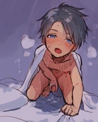 1boy barefoot bed blanket blue_eyes blush cum looking_at_viewer male_focus masturbation nude on_bed open_mouth orgasm panting penis pillow_(nutsfool) shota simple_background solo steam rating:Explicit score:553 user:harucho