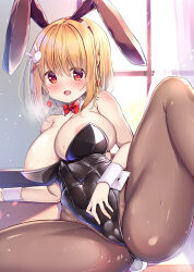  1girl :o animal_ears areola_slip black_leotard black_pantyhose blonde_hair blush bow bowtie breasts cameltoe cleavage commentary_request covered_navel detached_collar hair_ornament hairclip kurou_(quadruple_zero) large_breasts leotard looking_at_viewer open_mouth original pantyhose playboy_bunny rabbit_ears rabbit_hair_ornament rabbit_tail red_bow red_bowtie red_eyes short_hair sidelocks sitting solo spread_legs tail window wrist_cuffs 