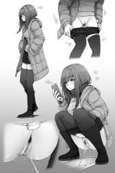 1girl bar_censor blush boots breasts cellphone censored close-up clothes_pull coat cropped_legs female_focus female_pubic_hair flying_sweatdrops from_side full_body gradient_background grey_background greyscale hand_up hands_in_pockets has_bad_revision have_to_pee heart heel_up highres holding holding_phone hood hood_down hooded_coat knee_boots kokomachi long_hair long_sleeves looking_at_phone lower_body medium_breasts monochrome multiple_views nose_blush open_clothes open_coat original panties panty_pull pee peeing phone pubic_hair pussy ribbed_sweater scarf short_shorts shorts shorts_pull sidelocks simple_background smartphone squat_toilet squatting standing sweater thighhighs toilet_use underwear winter_clothes rating:Explicit score:150 user:AngryZapdos