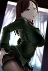 10s 1girl arched_back black_panties black_pantyhose black_skirt blue_eyes blurry blurry_background breasts brown_hair buttons clothes_lift commentary_request curtains from_side girls_und_panzer highres indoors large_breasts lifting_own_clothes long_hair long_sleeves looking_at_viewer nonna_(girls_und_panzer) open_mouth panties panties_under_pantyhose pantyhose pleated_skirt pravda_school_uniform school_uniform side-tie_panties skirt skirt_lift solo standing strap_pull thighband_pantyhose underwear uniform wa_(genryusui) rating:Sensitive score:25 user:danbooru